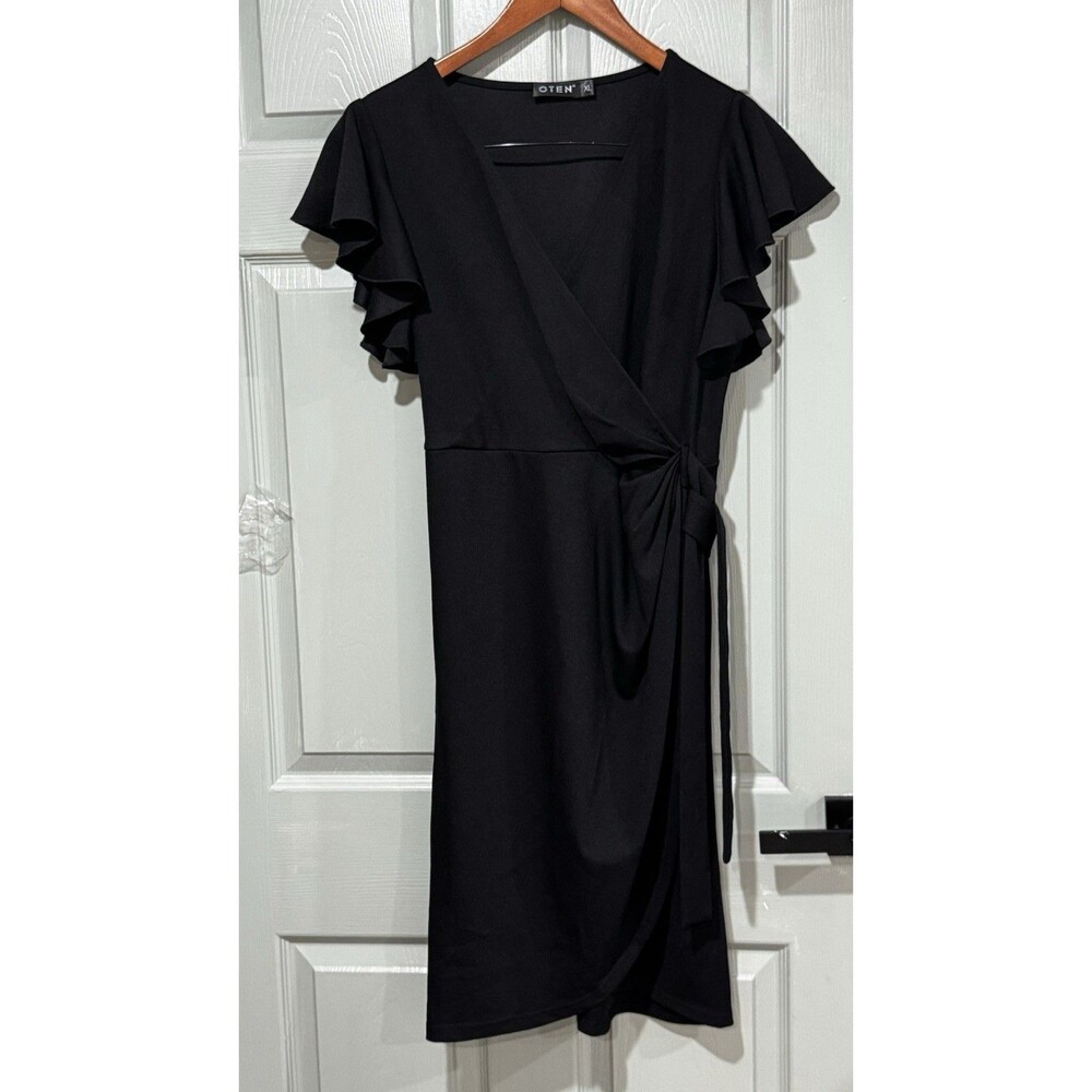 OTEN Black Wrap Dress Short Flutter Ruffle Sleeve Knee Length V-Neck XL